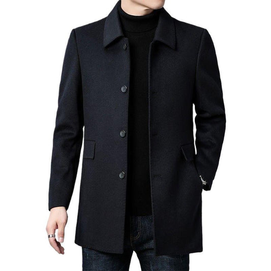 Men's Turn-Down Collar Mid-Length Double-Sided Lapel Wool Pea Coat
