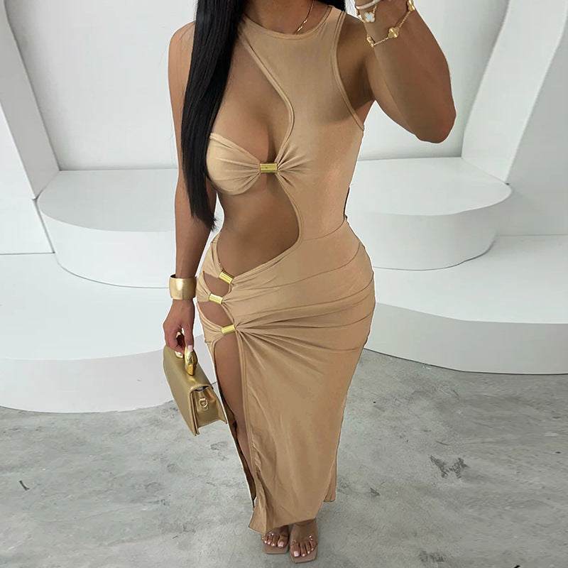 Irregular Sleeveless One Shoulder Asymmetrical Hollow-Out Design High Slit Maxi Dress