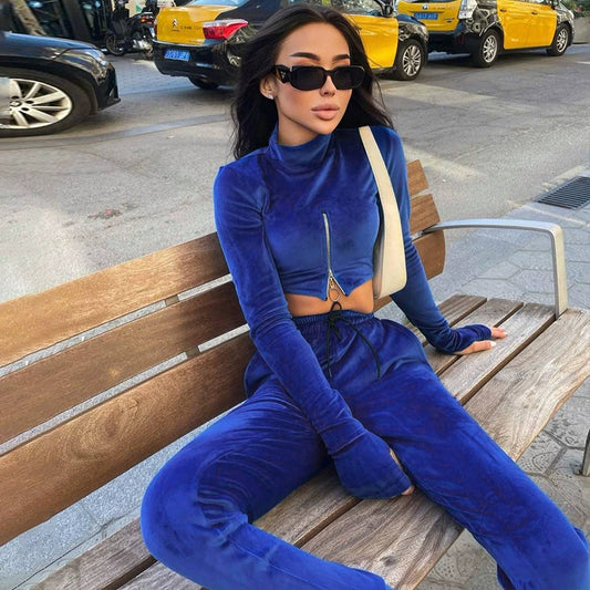 Reverse Zipper Women's Long Sleeve Crop Pullover Jacket + Drawstring Sweatpants Tracksuit
