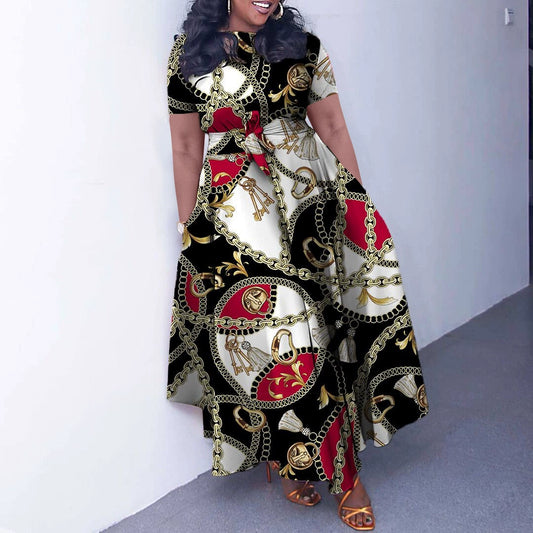 Camoflauge/Newspaper/Faux Denim Colorblock/Floral/Baroque/Geometric/Polka Dot Print Short Sleeve Maxi Office Dress to 3X Plus Size