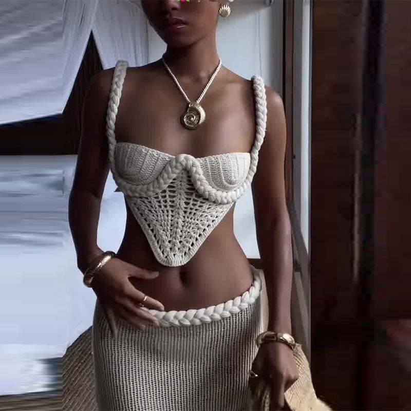 Crochet Knitted Women's Square Collar Cami Hollow-Out Spaghetti Strap Tube Top + Low Waist Bodycon Maxi Skirt Set