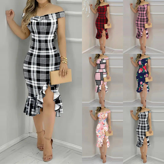 Floral/Plaid/Geometric Print Off-the-Shoulder Ruffled Bodycon Midi Dress