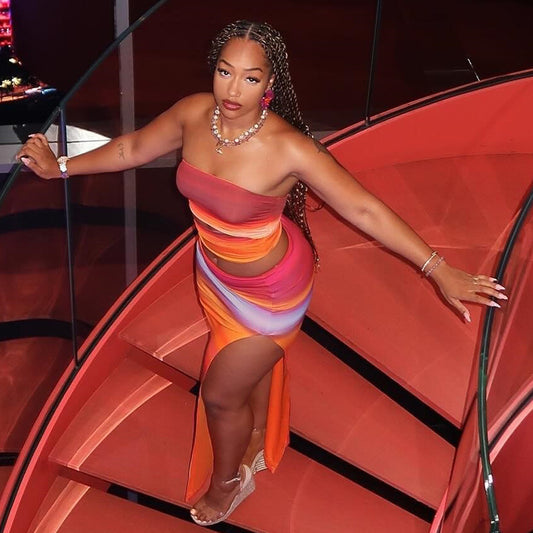 Gradient Striped Colorblock Women's Sleeveless Strapless Crop Tube Top + High Slit Elastic Waist Maxi Skirt 2-Piece Set