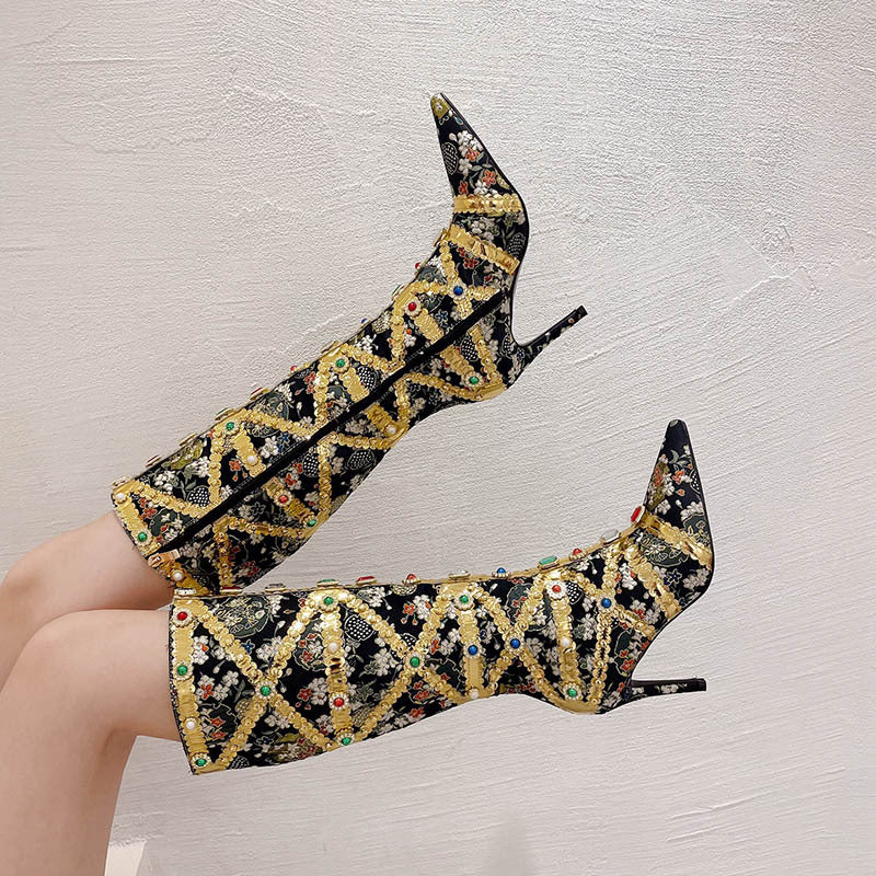 Rhinestone Baroque Metallic Floral Gold/Black Gladiator Stiletto Heel Knee-High Women's Boots
