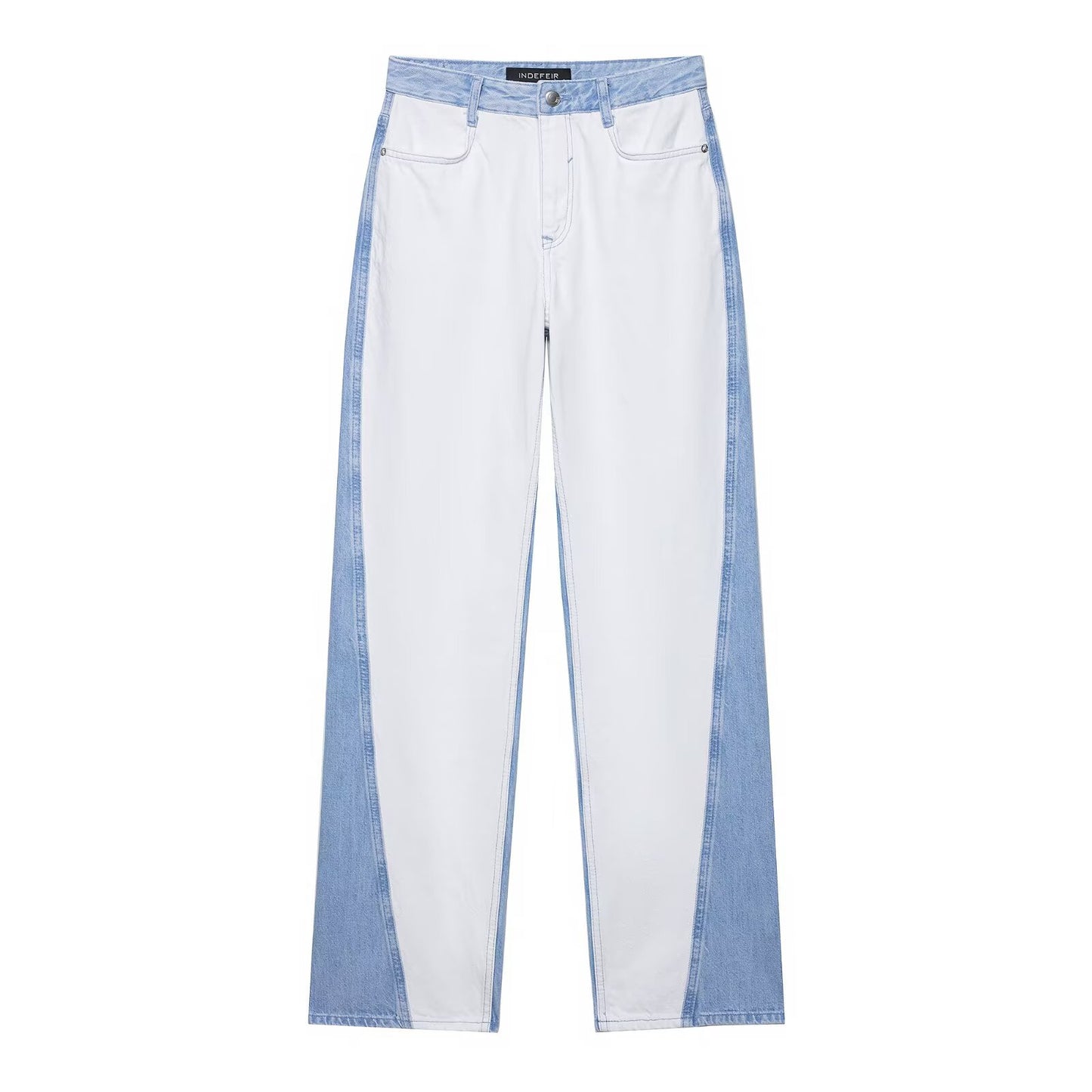 Denim Blue/White Women's Patchwork Double Pocket Design Cropped Jean Jacket + Colorblock Mid-Waist Straight Jeans 2-Piece Set-SOLD AS SEPARATES