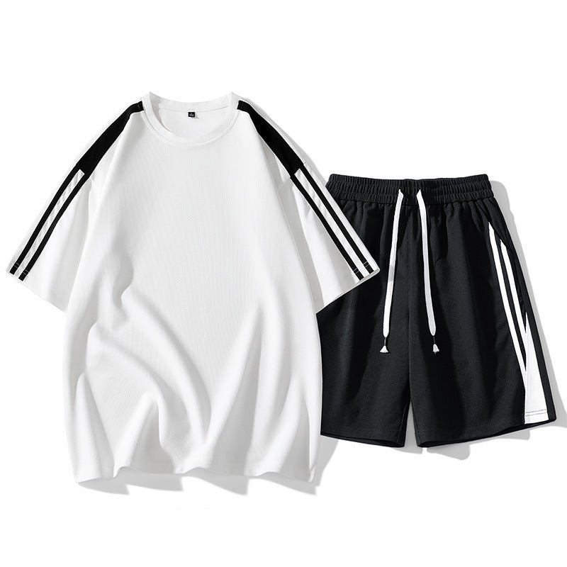 Men's Side Striped Loose Round Neck Short Sleeve T-Shirt + Matching Shorts 2-Piece Fitness Workout Set