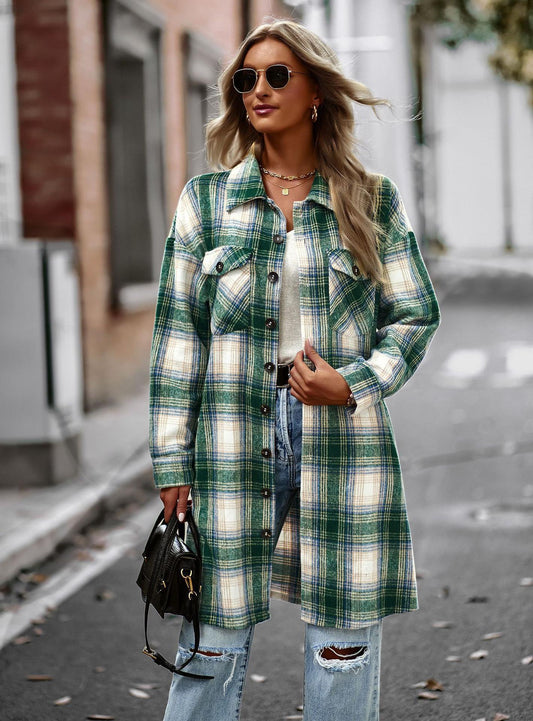 Plaid Print Turn-Down Collar Long Sleeve Women's Shacket