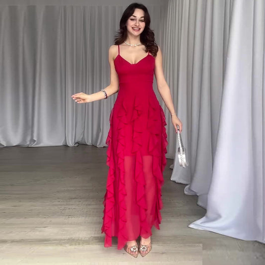 Ruffled Skinny Layered Sheer Patchwork Sleeveless Spaghetti Strap Maxi Party Dress