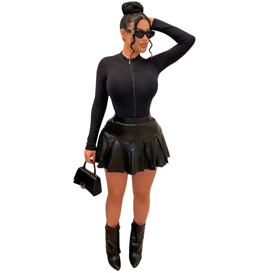 Deep Plunge Neck Long Sleeve Zipper Top + Ruffled Pleated Faux Leather Mini Skirt 2-Piece Set