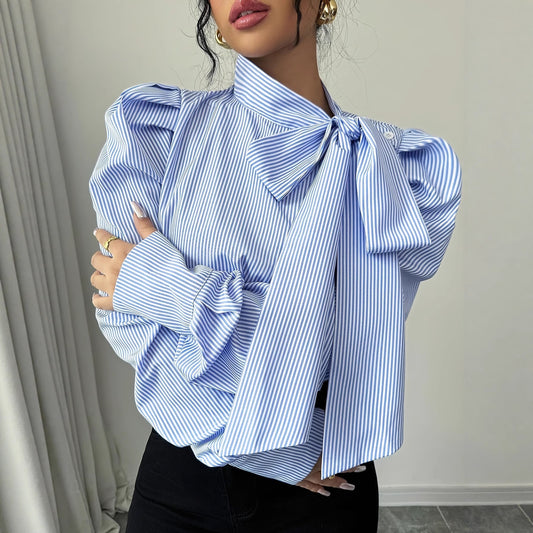 Baby Blue Oversized Pinstriped Bowtie Collar Long Balloon Sleeve Women's Blouse