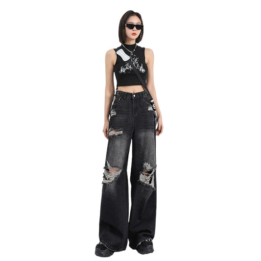 Black Washed Colorblock Ripped Fringe Design Straight Loose Women's Wide Leg Jeans