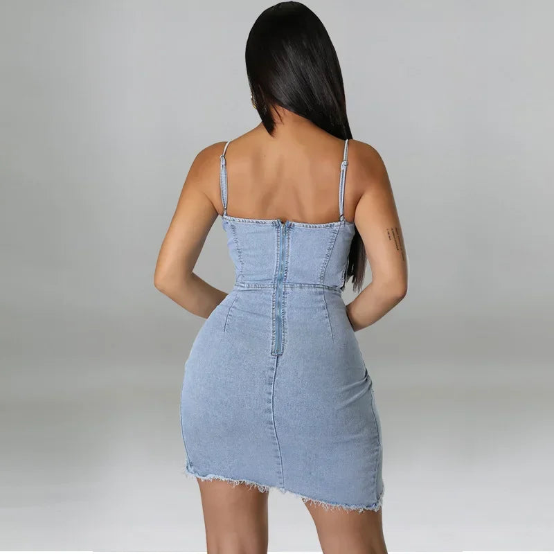 Faded Denim Washed Sleeveless Spaghetti Strap V-Neck Irregular Diagonal Slit Ruched Mini Jean Dress