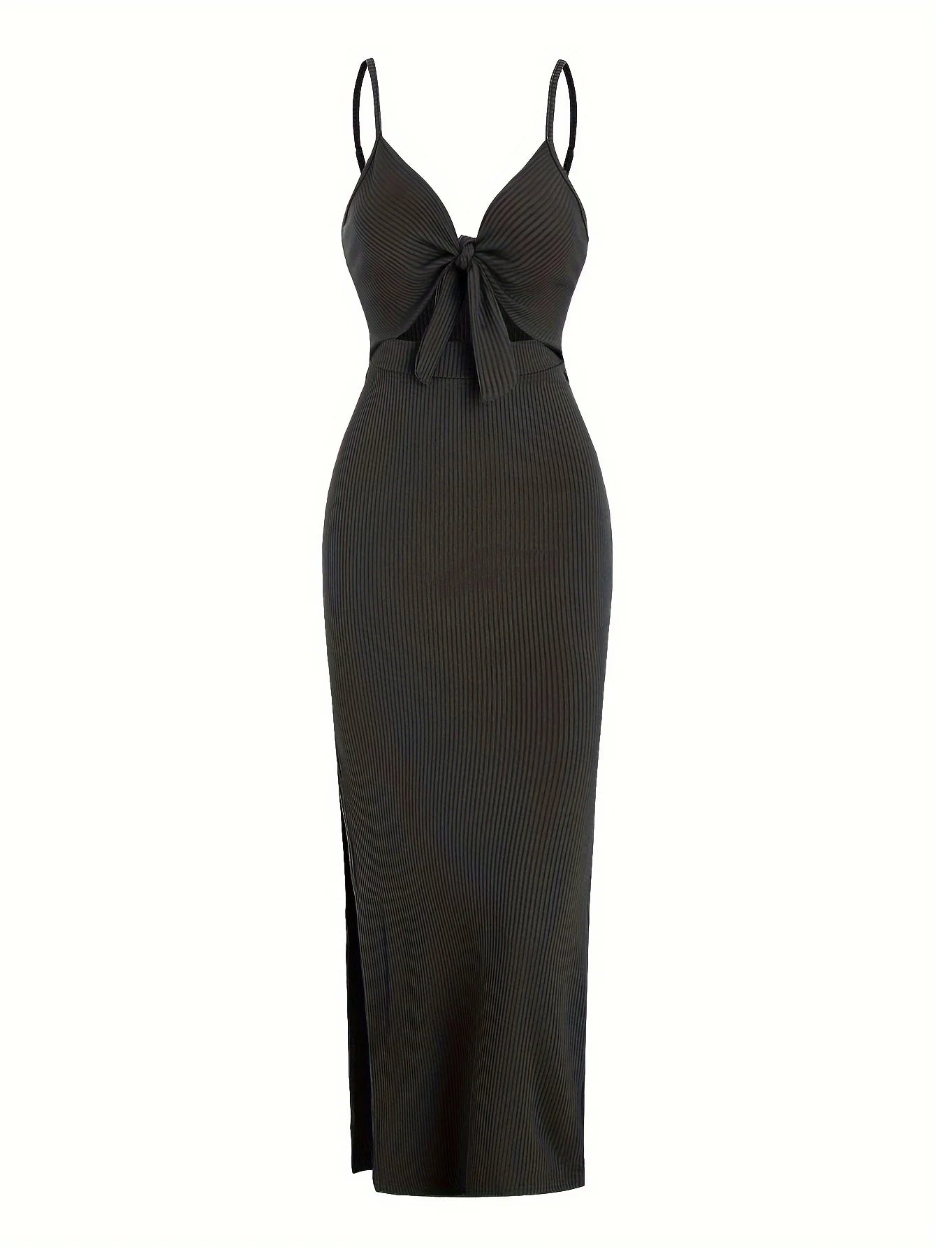 Ribbed Bowknot Design Spaghetti Strap V-Neck Knitted Sleeveless Solid Color High Slit Maxi Dress