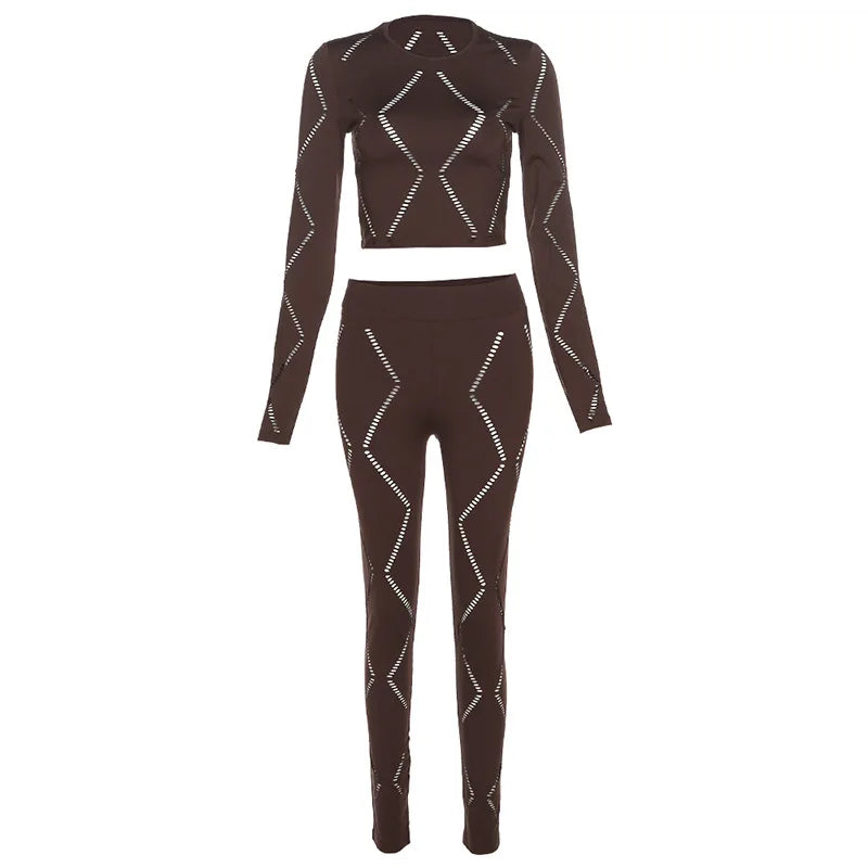 Knitted Geometric Pattern Long Sleeve Crop Top + Matching Biker Shorts Women's Solid Color 2-Piece Set