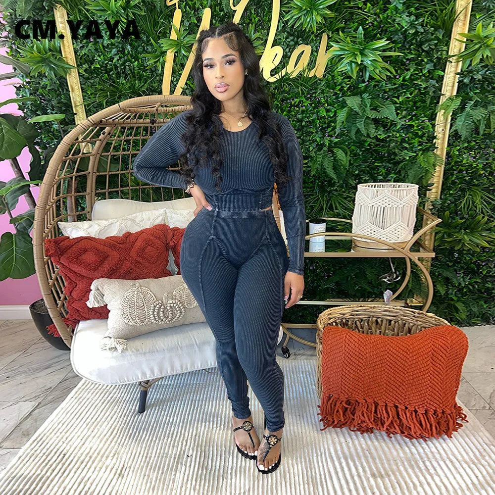 Ribbed Knitted Women's Set Long Sleeve Crop Fitness Top + Matching Leggings 2-Piece Set