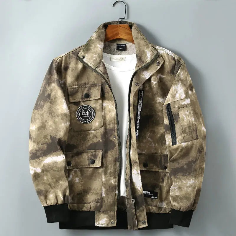 Men's Cotton Camoflauge Tie-Dye O-Neck Multi-Pocket Zipper Utility Jacket + Drawstring Cargo Sweatpants Tracksuit