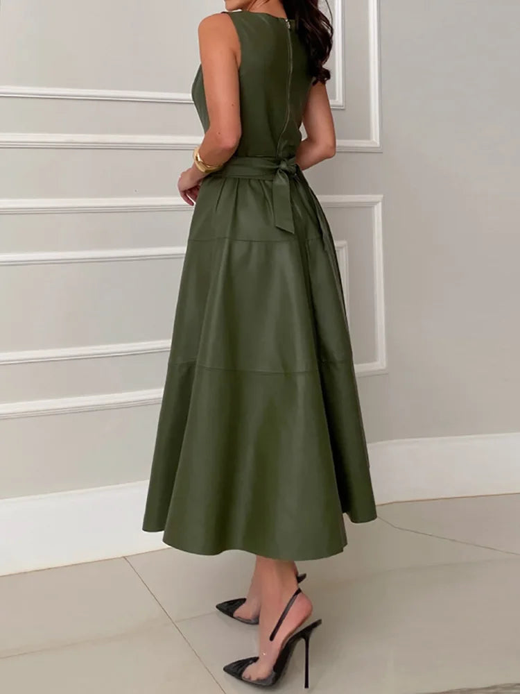 Olive Green Patchwork PU Leather Lace-Up O-Neck Sleeveless Maxi Party Dress