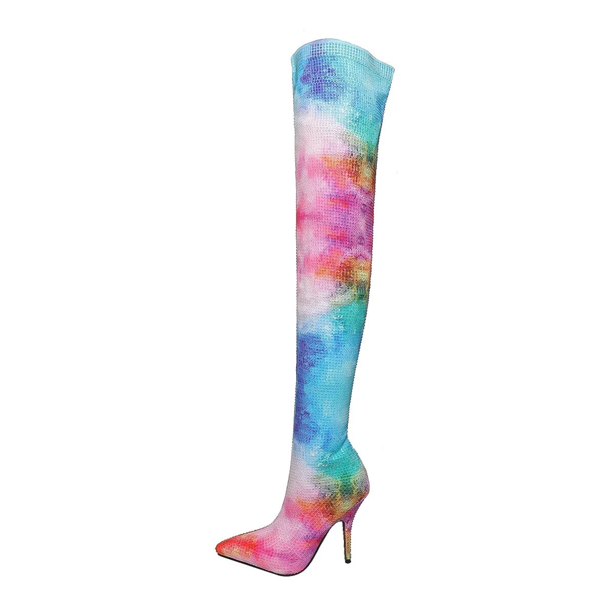 Ombre Rainbow Gradient Colorblock Tie-Dye Crystal Rhinestone Over-the-Knee Pointed Toe Stiletto Heel Boots