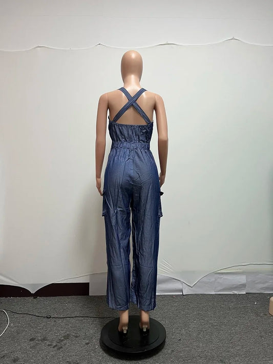 Blue Denim Halter Criss-Cross Back Cargo Pocketed Women's Loose Wide Leg Jean Overall Jumpsuit