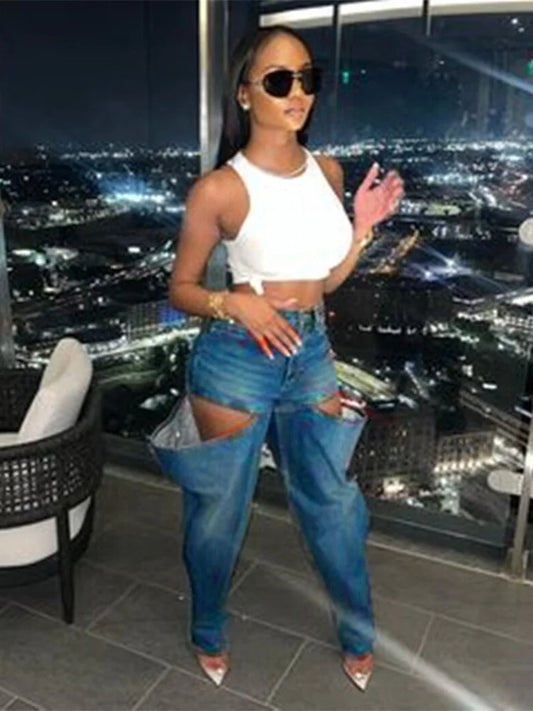 Denim Hollow-Out Attached Shorts Design Women's Demin High Waist Pocketed Cargo Jeans