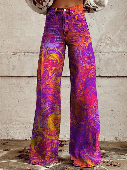 Retro 70's Hippie Colored Flower/Colorblock/Skull/Cherries Painted Women's Button Fly Pants