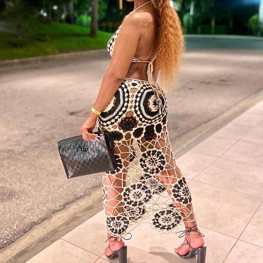 Handmade Crochet Floral Backless Sleeveless Hollow-Out Transparent Maxi Dress