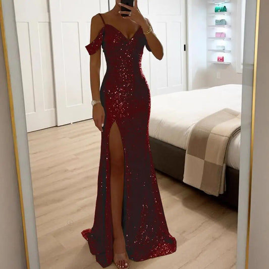 Shiny Sparkling Sequin Off-the-Shoulder V-Neck High Side Slit Party Maxi Dress