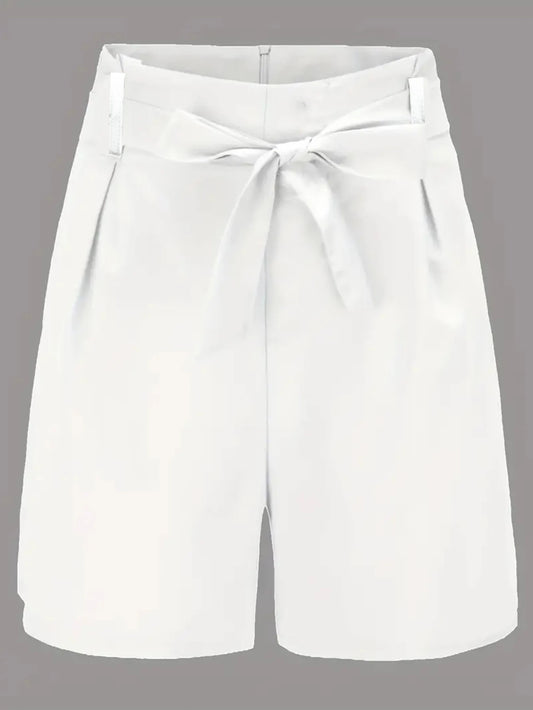 White Ruffled Waist Skinny Sash Belted Women's Solid Color Shorts