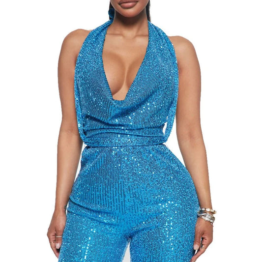 Sparkling Sequin Deep Plunge Neck Solid Sleeveless Wide Leg Jumpsuit