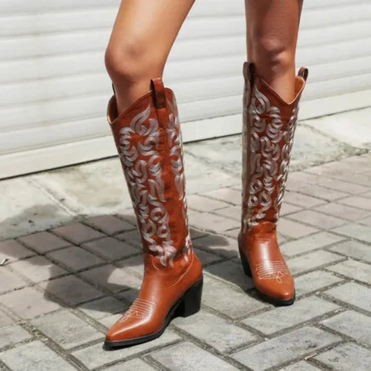 Vintage Embroidered Chunky Heel Western Women's Knee High Cowgirl Rodeo Boots