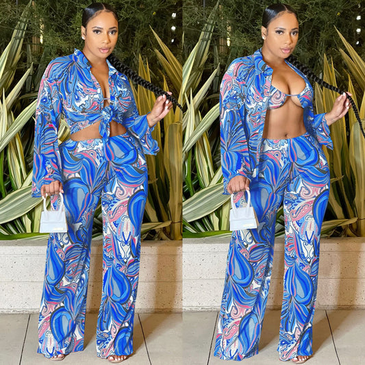 Sheer Mesh 3 Piece Sets: Long Sleeve Shirt + Bra Top + Wide Leg Pants