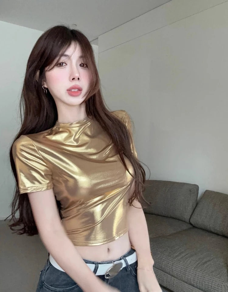 Gold Metallic Faux Leather Stand Collar Short Sleeve Women's Shirt