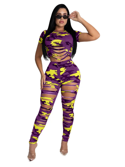 Camouflage Ripped Hollow-Out Short Sleeve Women's Top + Skinny Leggings 2-Piece Set