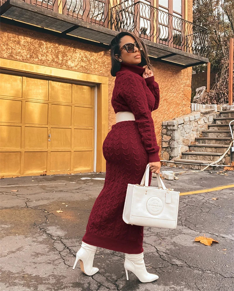 Turtleneck Solid Color Women's Knitted Weave Pattern Ribbed Long Sleeve Maxi Sweater Dress
