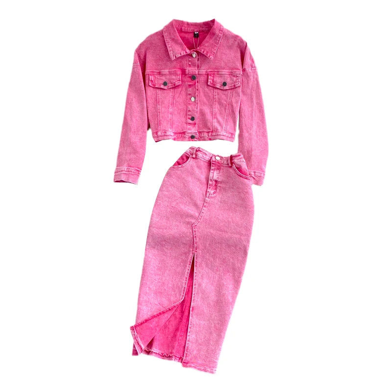 Pink Denim Single Breasted Washed Jean Jacket + High Back.Slit Maxi Jean Skirt 2-Piece Set