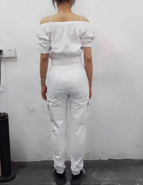 Ruched Pocket Design Temperament Commuter Off-the-Shoulder Zipper Design Top & Elastic Waist Cuffed Cargo Pants 2-Piece Set