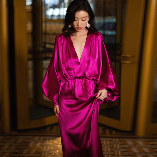 Rose Red Draped Loose Deep V-Neck Collar Long Batwing Sleeve Runway Formal Party Dress