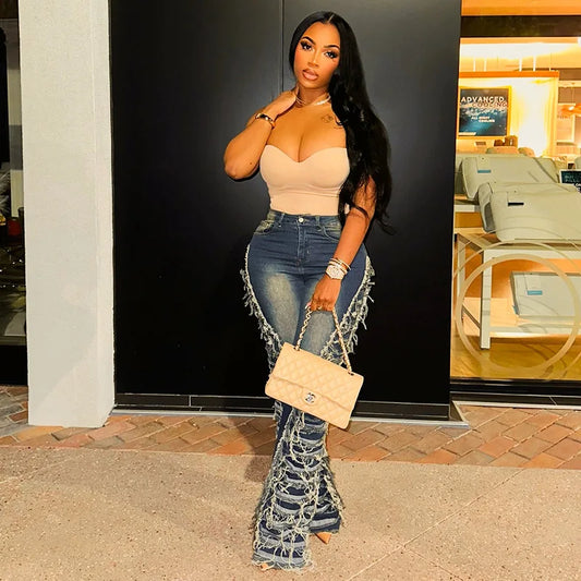 Denim Patchwork Women's Criss-Cross Ripped Fringe Tassel Design Streetwear Skinny Jeans