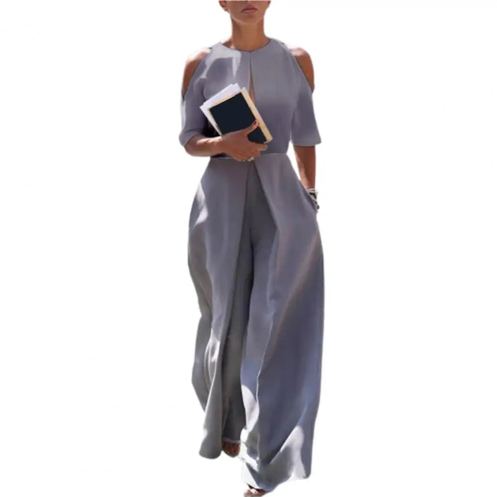 Open Slit Cold Shoulder Layered 1/2 Sleeve Hollow-Out Solid Color Women's Wide Leg Formal Party Jumpsuit