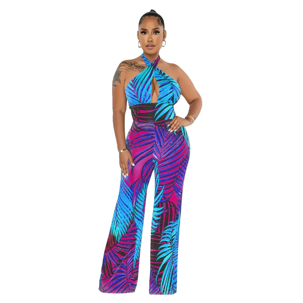 Tropical Print Hollow-Out Halter Strap Backless Sleeveless Jumpsuit
