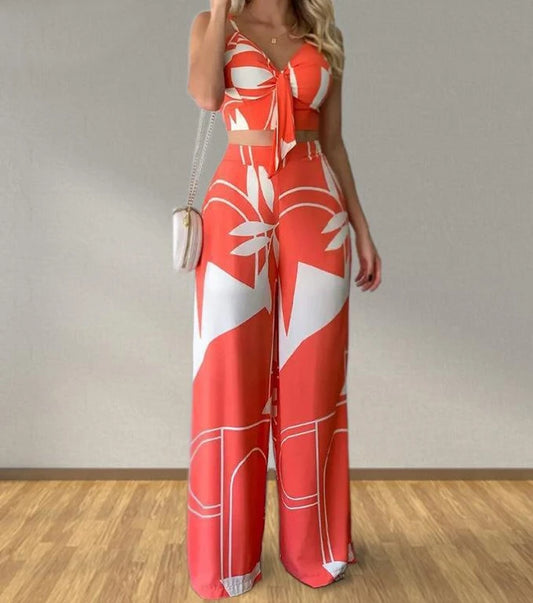 Tropical Print Hollow-Out Temperament Sleeveless Floral Print Cami Crop Top & Straight Leg Pants Women's 2-Piece Set