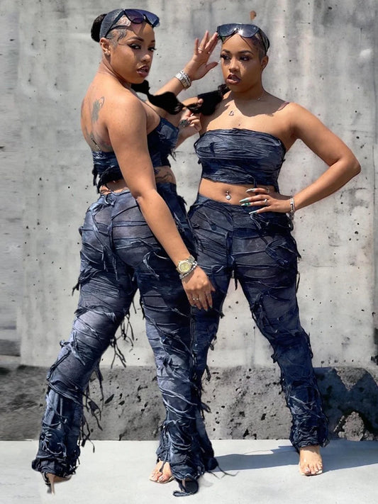 Tie-Dye Tassel Fringe Detail Sleeveless Women's Backless Crop Tank Top + Skinny Streetwear Pants 2-Piece Set