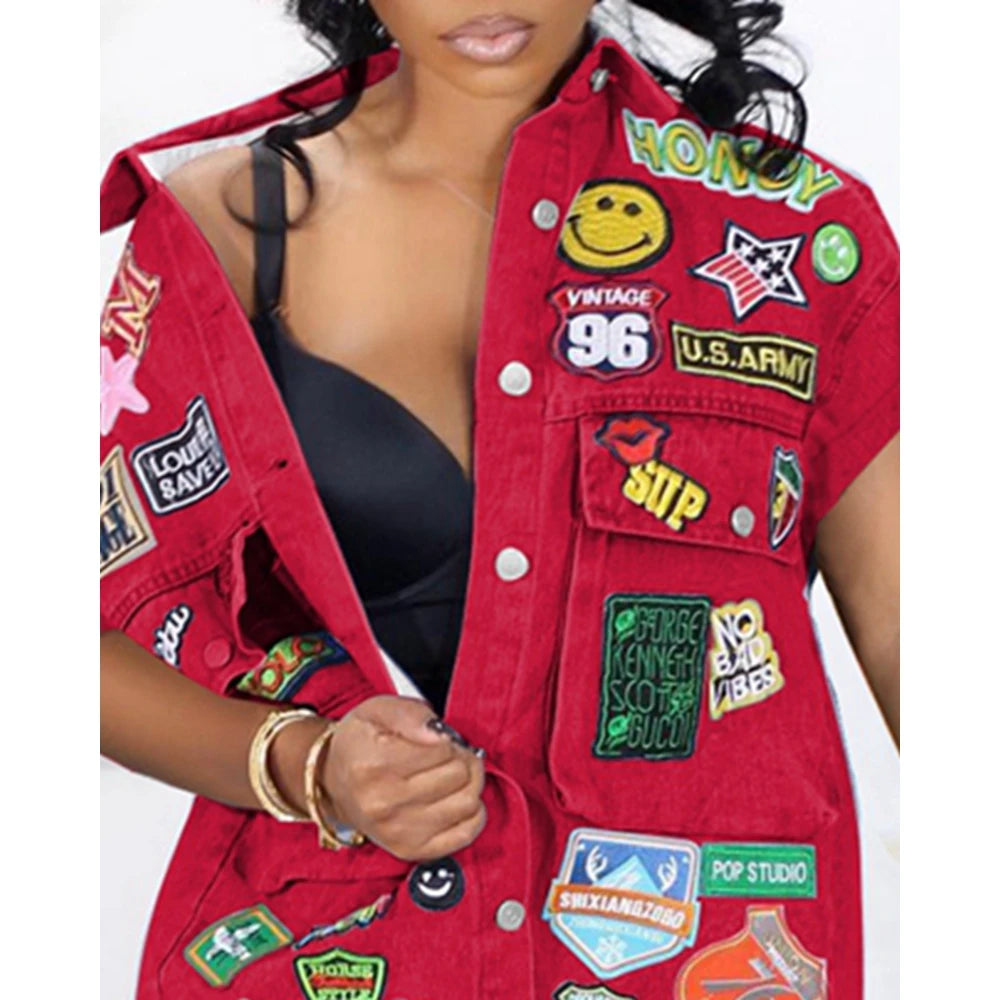 Women's Faux Denim Patchwork Cartoon Graphic Letter Pattern Button-Up Mini Shirt Dress