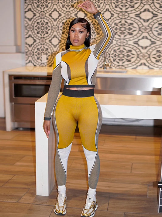 Colorblock Patchwork Short Sleeve Women's Fitness O-Neck T-Shirt + High Waist Spandex Workout Leggings Tracksuit