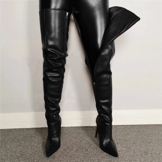 Solid Color Women's Over-the-Knee Pointed Toe Stiletto Thigh High Zipper Boots