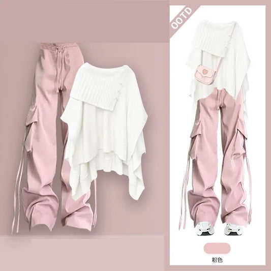 Streetwear Women's Pink/White Solid Color Knitted Sweater + Sleeveless Vest + Cargo Pocketed Pants 3-Piece Set