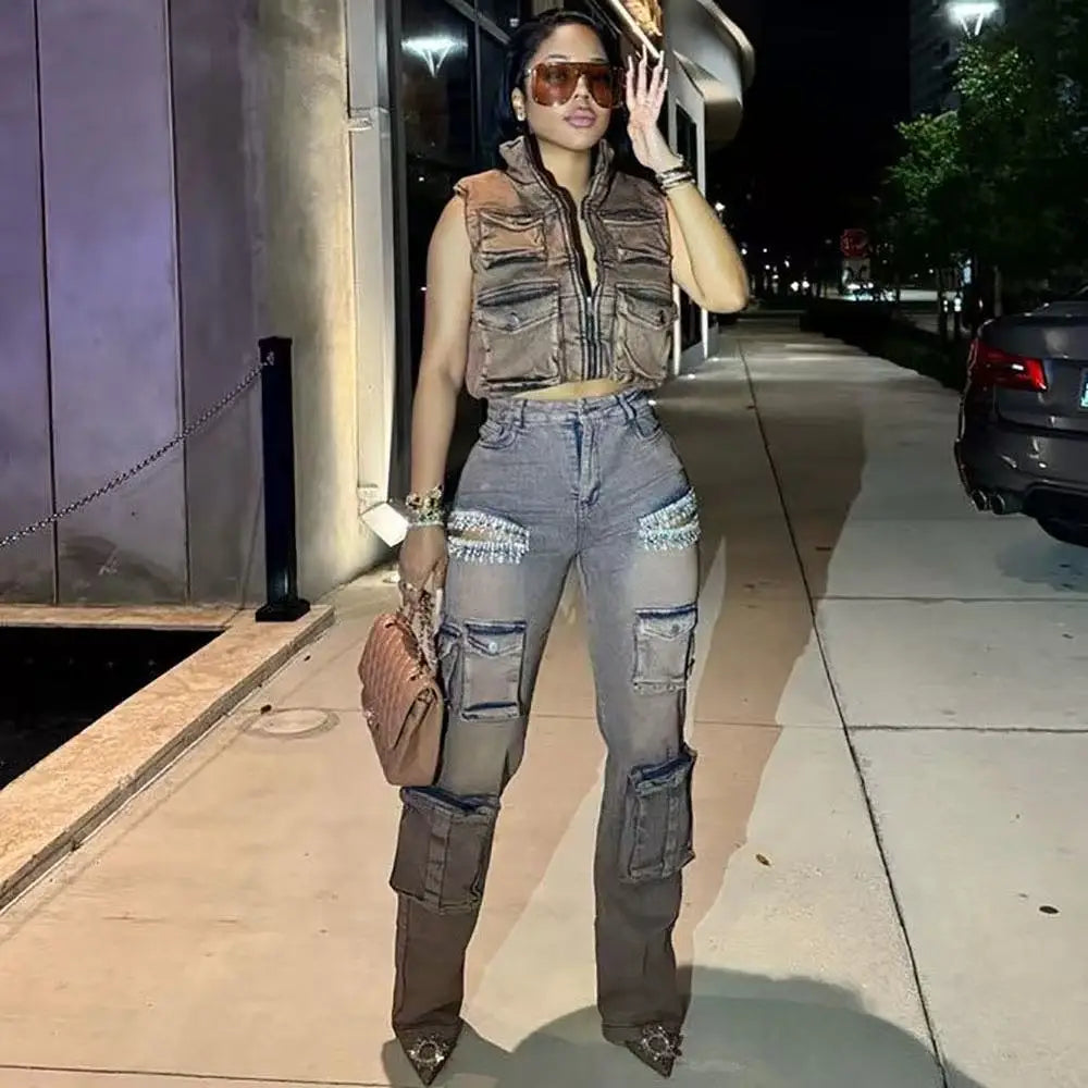 Denim Camo/Light Blue/Black/Coffee Crystal Rhinestone Cut-Out Women's Hollow-Out Multi-Pocketed Wide Leg Cargo Jeans