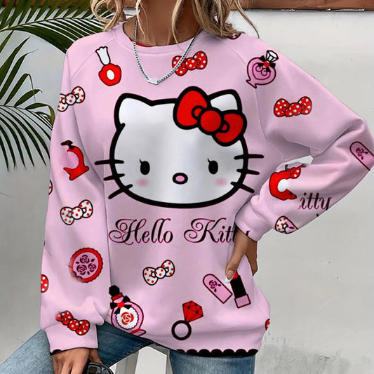 "Hello Kitty" Heart Print O-Neck Women's Long Sleeve Sweatshirts to 3X Plus Size