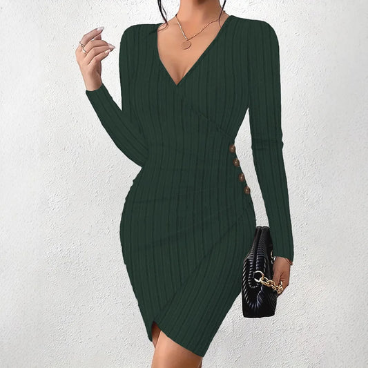 Ribbed V-Neck Wrapped Hip Solid Color Button Design Long Sleeve Midi Dress