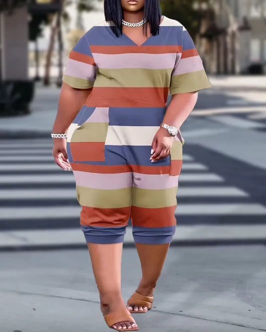Striped/Geometric/Abstract/ Colorblock/Striped Short Sleeve Pocketed Romper to 5X Plus Size